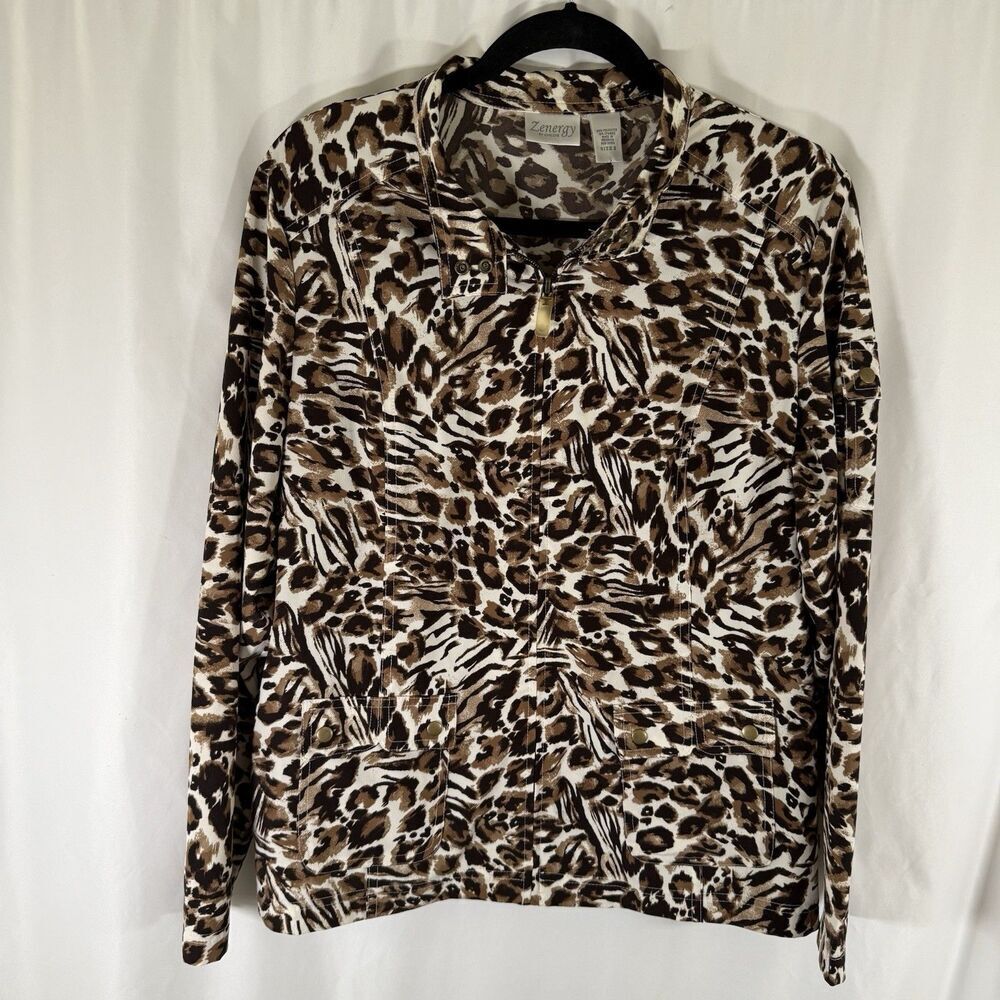 Zenergy Chico's Jacket Women's Large Cheetah Print Full Zip Snap Pockets